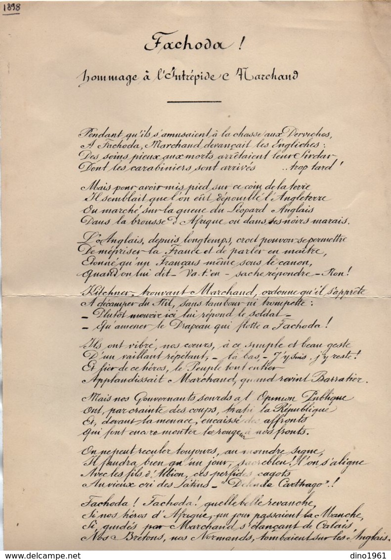 VP14.781 - MILITARIA - 1898 -  Document M . SOCRATE - FACHODA ! Hommage à L'Intrépide MARCHAND - - Documents