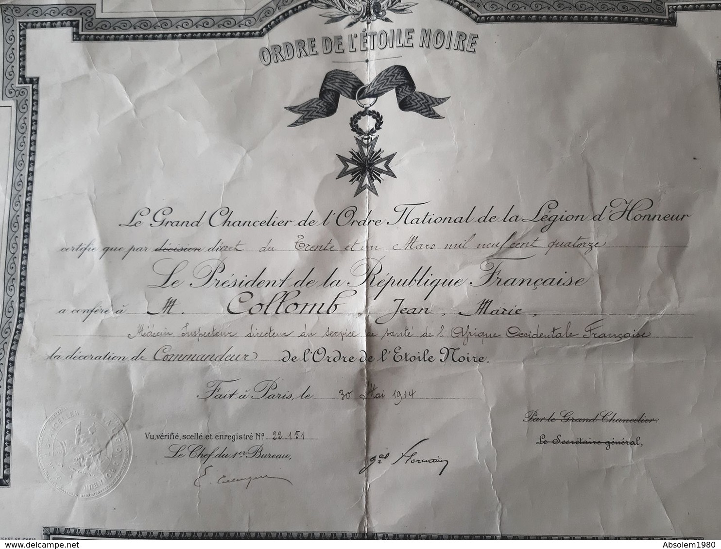 ORDRE DE L'ETOILE NOIRE DIPLOME DOCUMENT 1914 DECORATION COMMANDEUR MILITAIRE MILITARIA GUERRE AOF - Documents