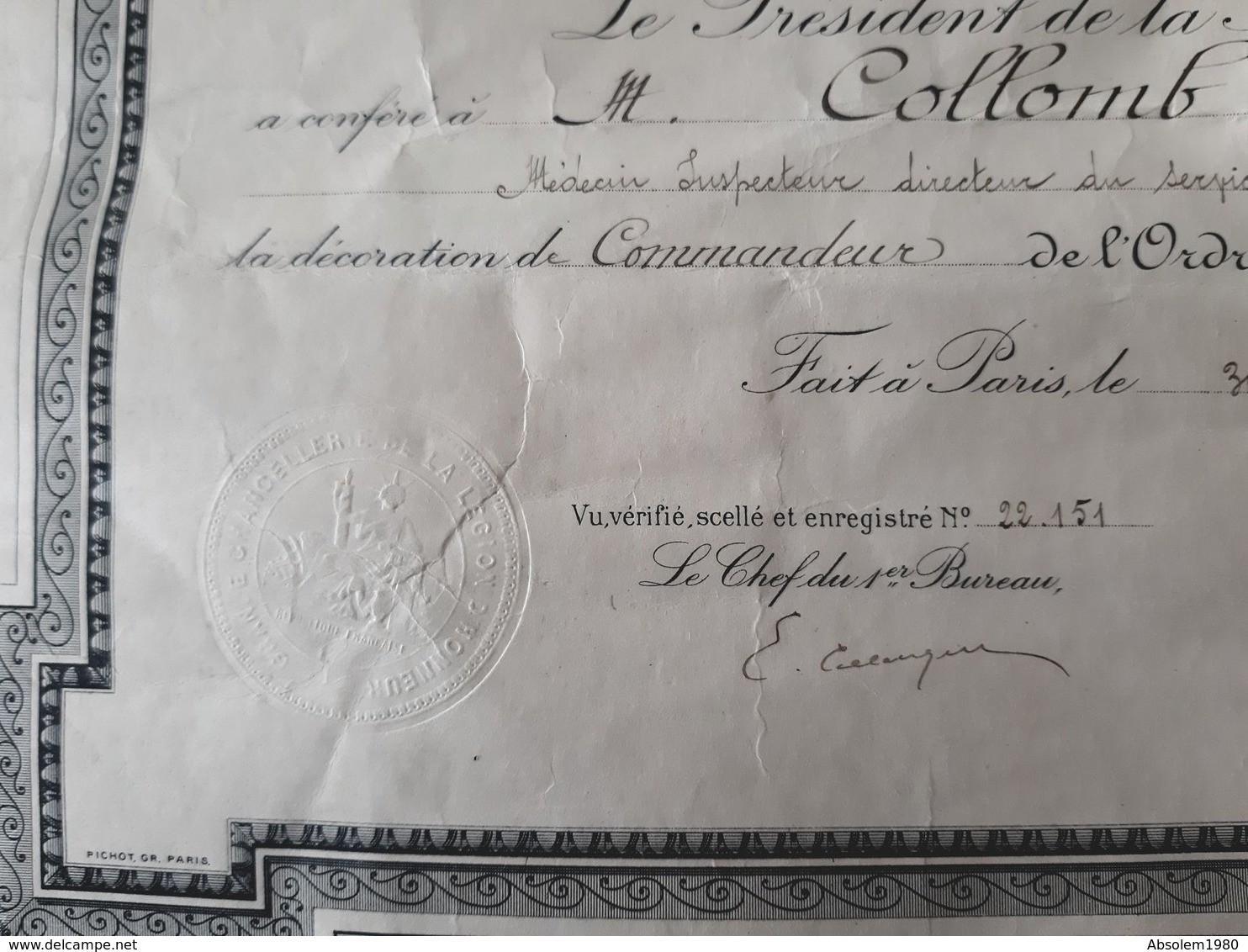 ORDRE DE L'ETOILE NOIRE DIPLOME DOCUMENT 1914 DECORATION COMMANDEUR MILITAIRE MILITARIA GUERRE AOF