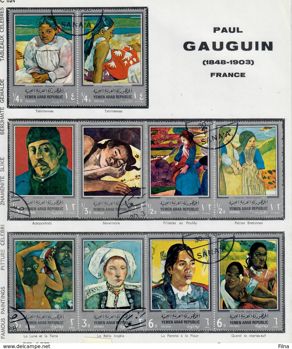 YEMEN REPUBBLICA ARABA    1967 - QUADRI  DI GAUGUIN  - USATI ATTACCATI SU CARTONCINO - Yemen