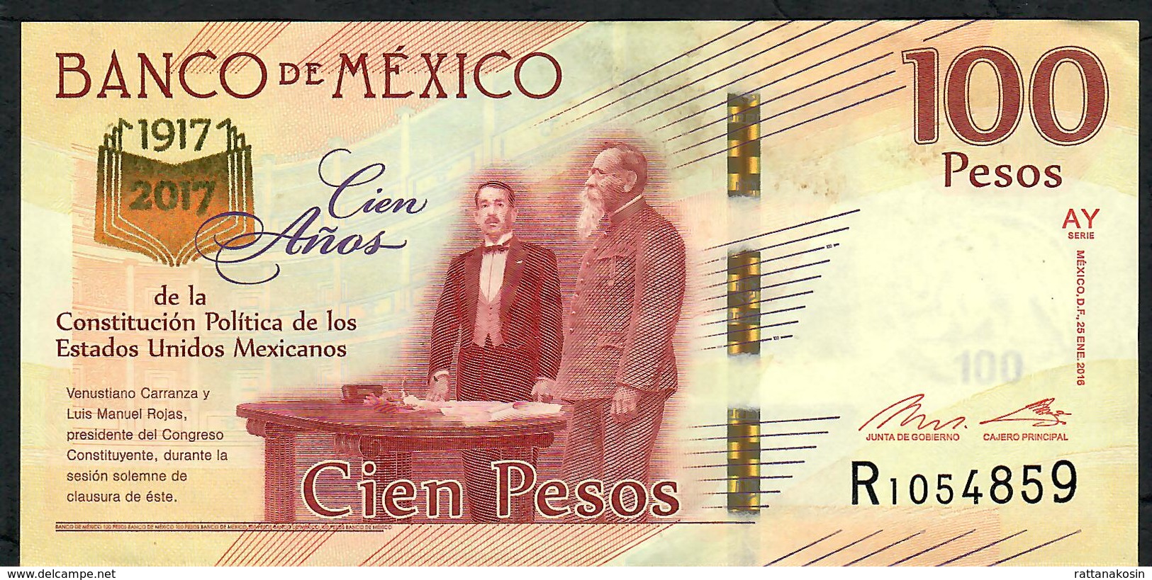 MEXICO P130  100 PESOS 25.1.2016  #AY  VF NO P.h. - México