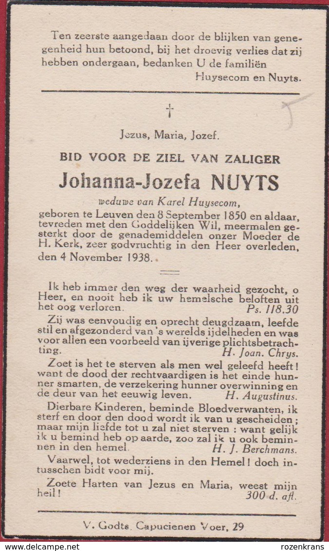 Johanna Nuyts Karel Huysecom Leuven 1938 Doodsprentje Bidprentje Image Mortuaire - Images Religieuses