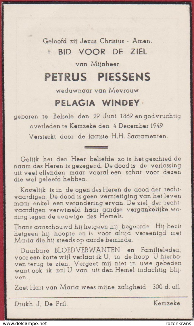 Petrus Piessens Pelagia Windey Belsele Kemzeke Waasland 1949 Doodsprentje Bidprentje Image Mortuaire - Images Religieuses