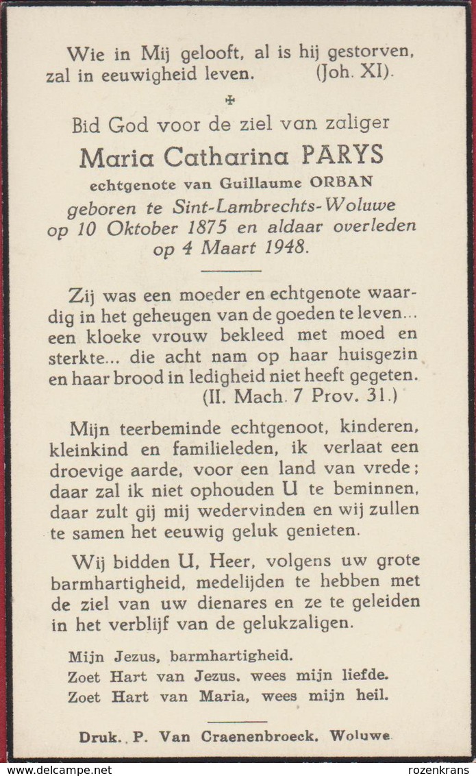 Maria Catharina Parys Guillaume Orban Sint-Lambrechts-Woluwe 1948 Woluwe Doodsprentje Bidprentje Image Mortuaire - Images Religieuses