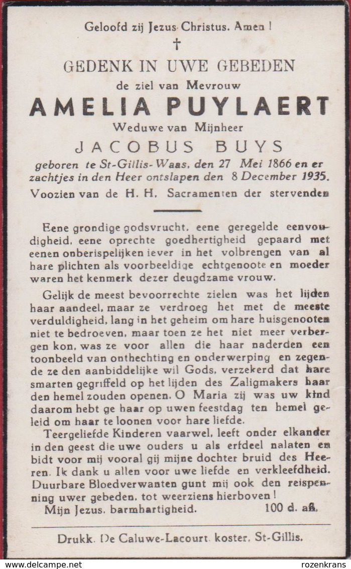 Amelia Puylaert Jacobus Buys St. Sint Gillis Waas Waasland 1935 Doodsprentje Bidprentje Image Mortuaire - Images Religieuses