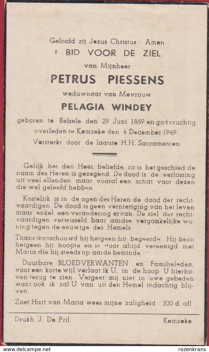 Petrus Piessens Windey Illustrator Jos Speybrouck Belsele Kemzeke Waasland 1949 Doodsprentje Bidprentje Image Mortuaire - Images Religieuses