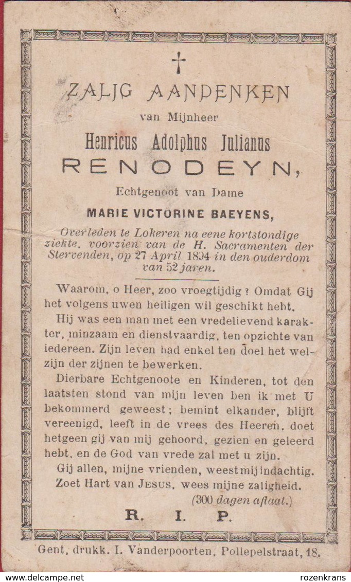 Henricus Renodeyn Marie Baeyens Lokeren Waasland 1894 Zeer Oud Doodsprentje Bidprentje Image Mortuaire - Images Religieuses