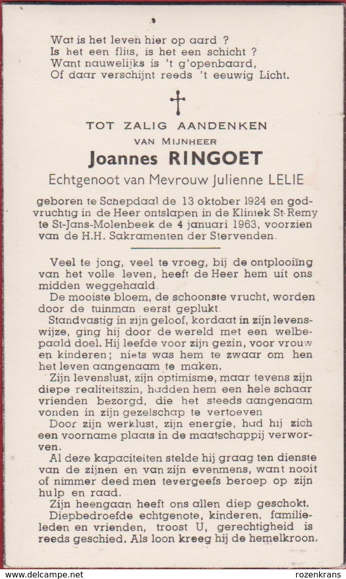 Joannes Ringoet Julienne Lelie Schepdaal St-Jans-Molenbeek Molenbeek 1963 Doodsprentje Bidprentje Image Mortuaire - Devotieprenten