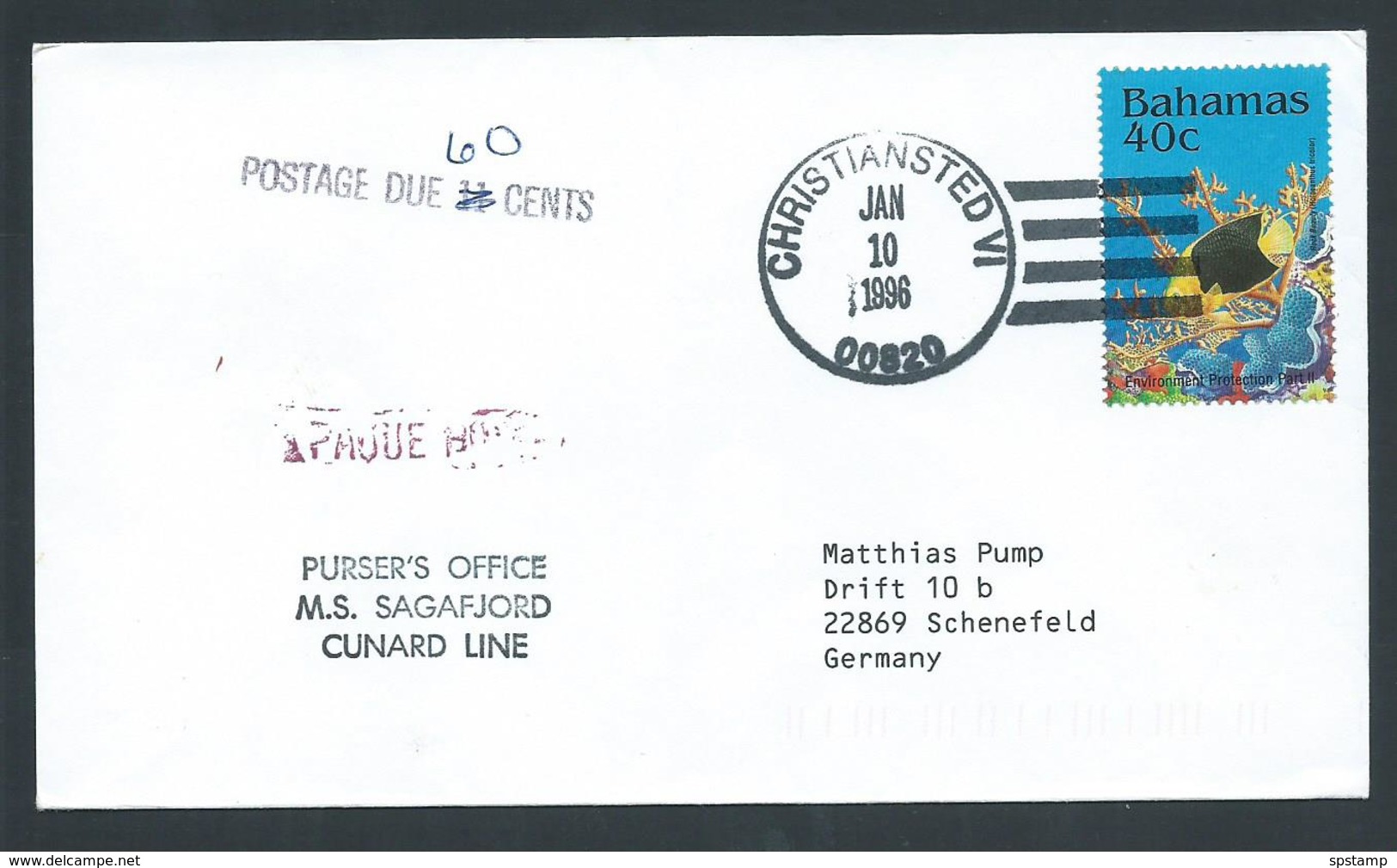 US Virgin Islands 1994 Postage Due Paquebot Cover To Germany, Ship Sagafjord Bahamas 40c Fish Adhesive - West Indies