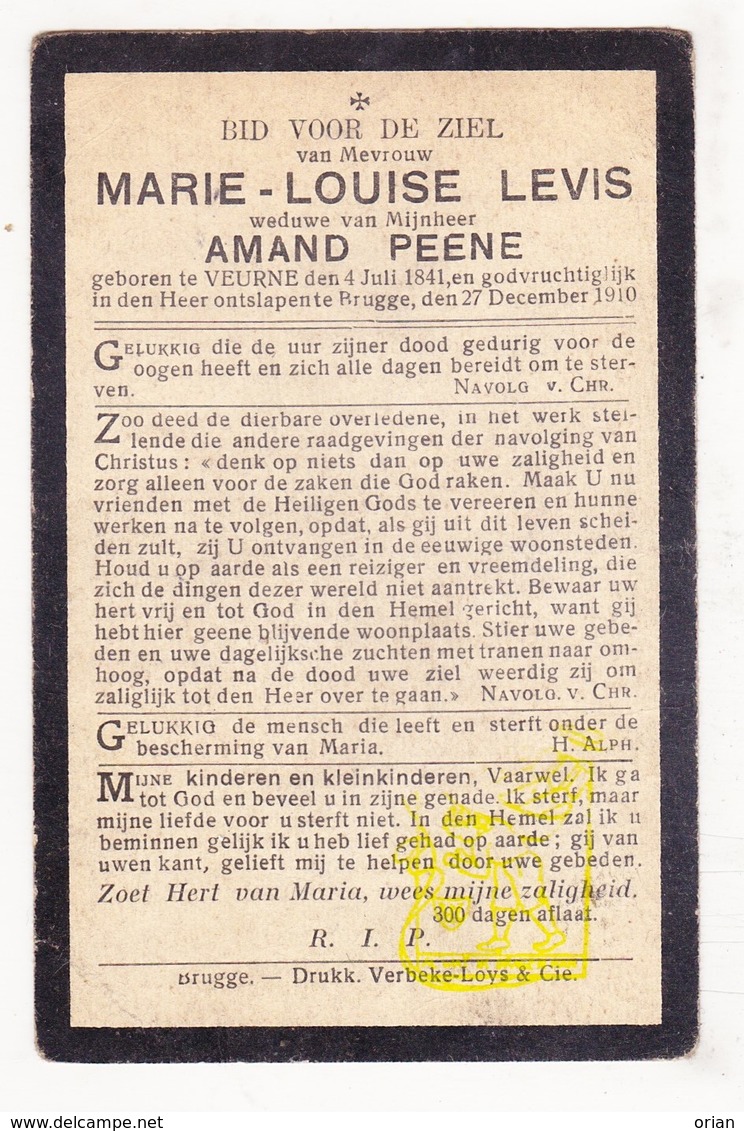 DP Marie L. Levis ° Veurne 1841 † Brugge 1910 X Amand Peene - Images Religieuses