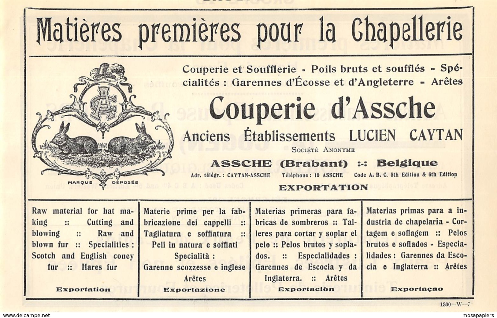 1927 - ASSCHE - Couperie D'Assche - Lucien CAYTAN - Dim. 1/2 A4 - Publicités