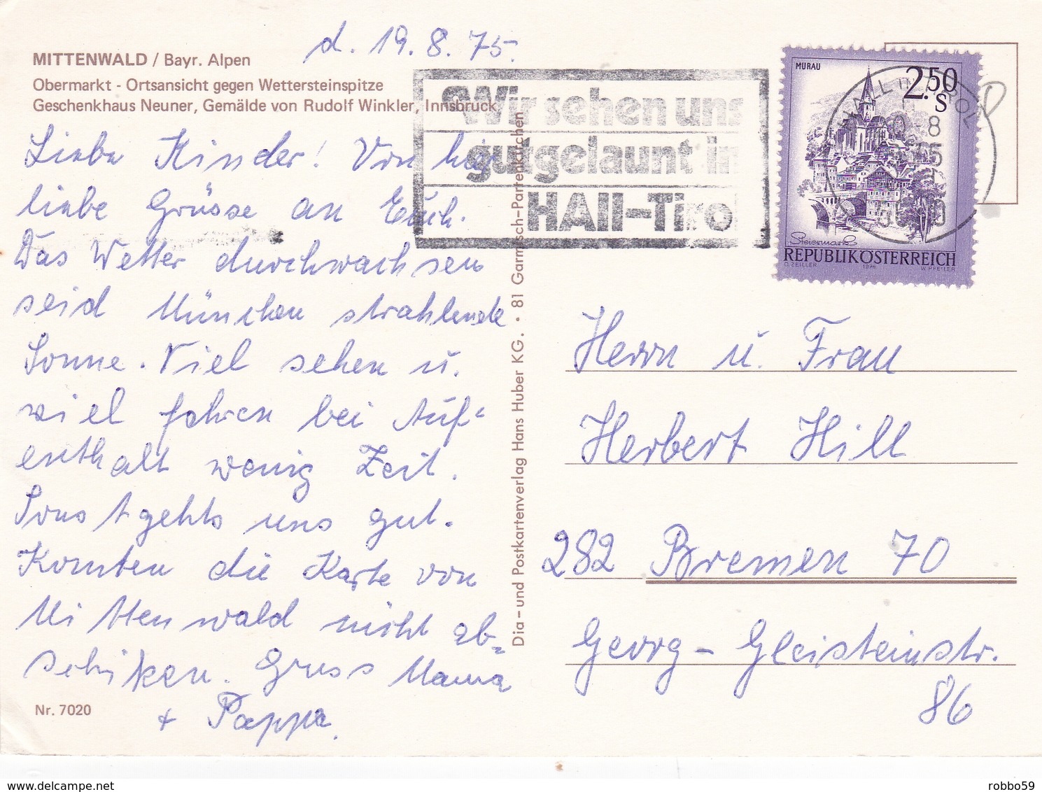 Austria Mittenwald Various Views Postcard Mittenwald 1975 Postmark With Slogan Used Very Good Condition - Sonstige & Ohne Zuordnung