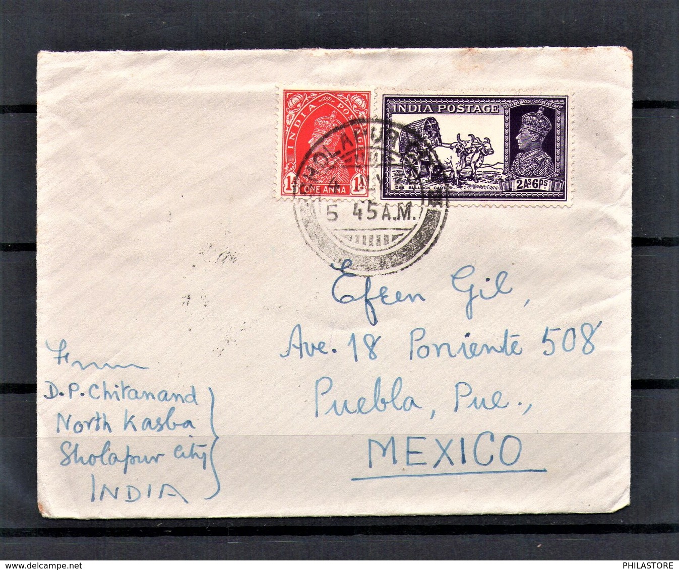 INDIA 1939 Cover From Sholapur To Mexico Franked 2A 3P Bullock Cart KGVI & 1A Red KGVI - 1936-47 Roi Georges VI