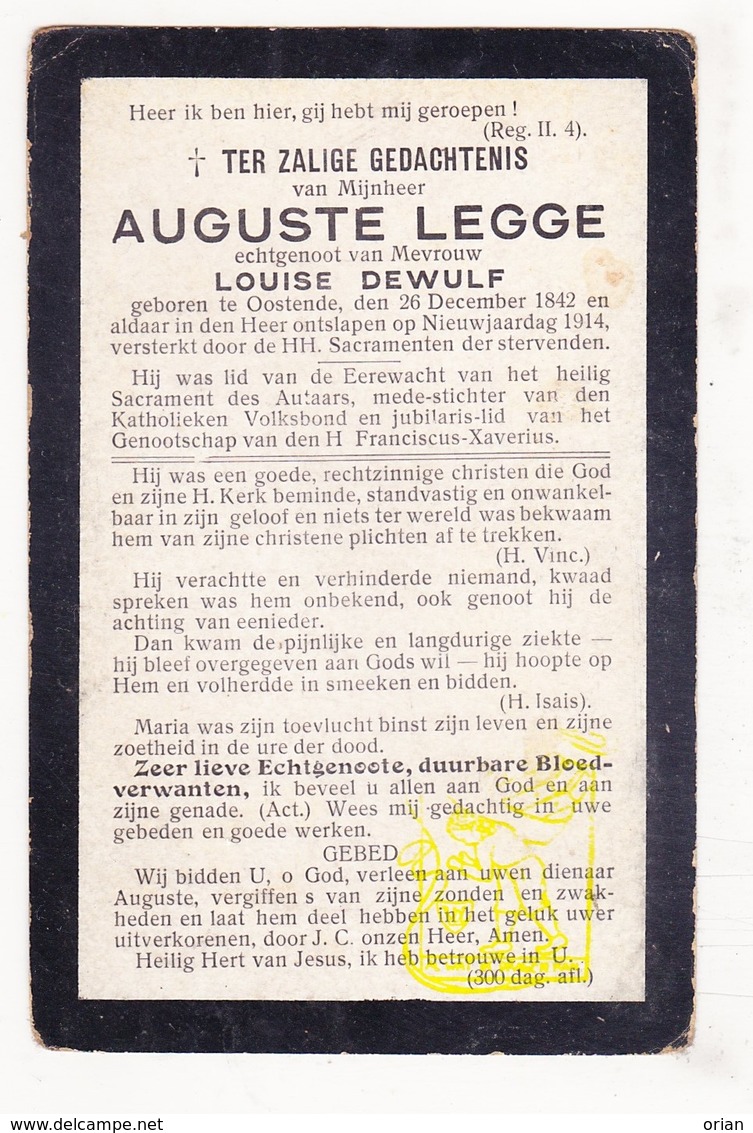 DP Auguste Legge ° Oostende 1842 † 1914 X Louise Dewulf / Medestichter Volksbond - Images Religieuses