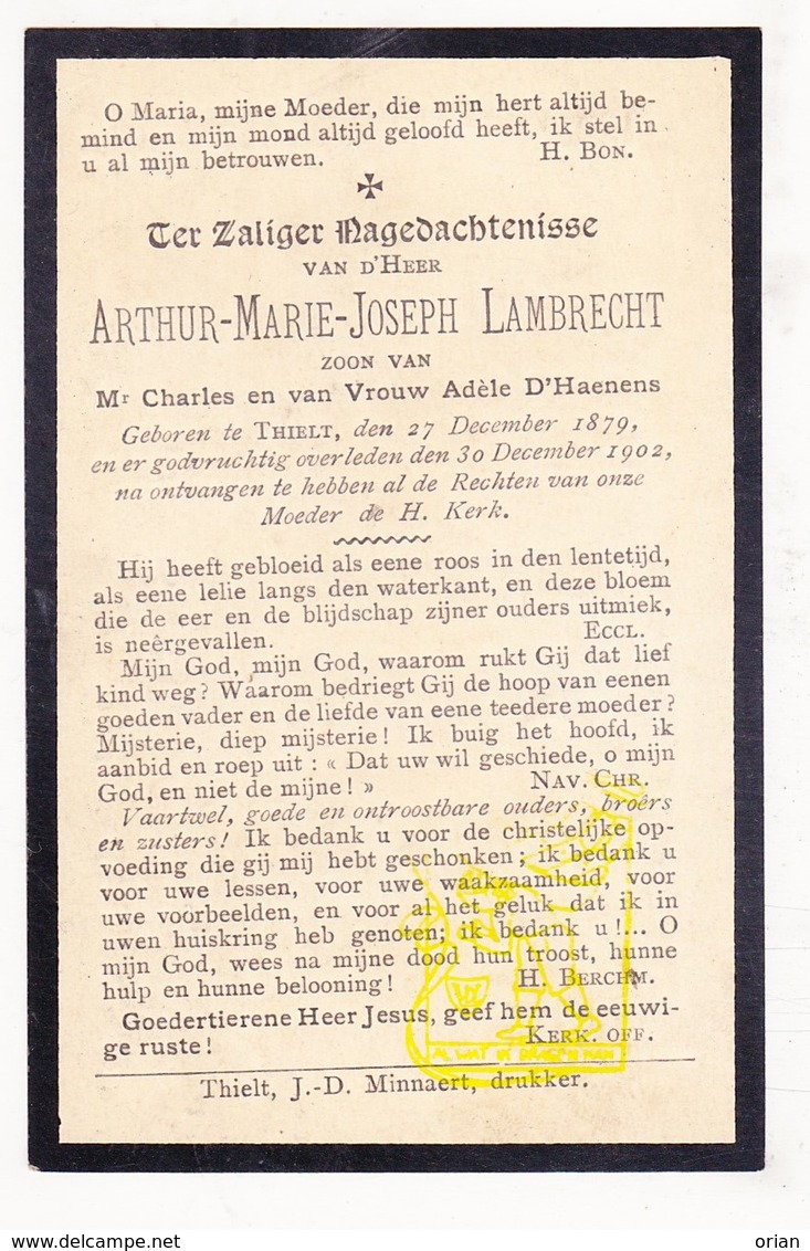 DP Arthur M. Lambrecht / D'Haenens 23j. ° Tielt 1879 † 1902 - Images Religieuses