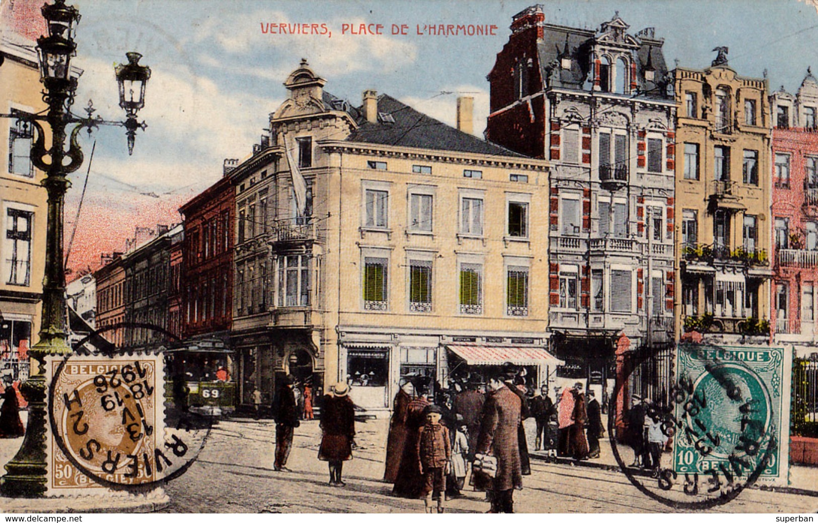 VERVIERS : PLACE DE L'HARMONIE ~ 1920 - '925 - TIMBRE COTÉ VUE / STAMPS ON THE FRONT SIDE - RRR !!! (ac039) - Verviers