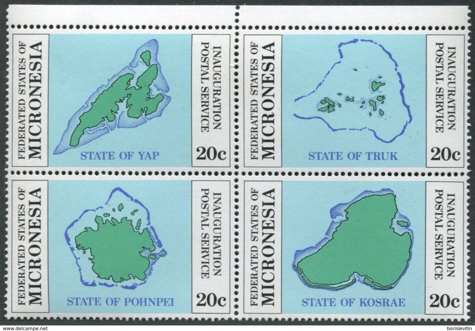 Micronesia 1-4a Block,MNH.Michel 1-4. Postal Service 1984.Maps:Yak,Truk,Pohnpei, - Geography