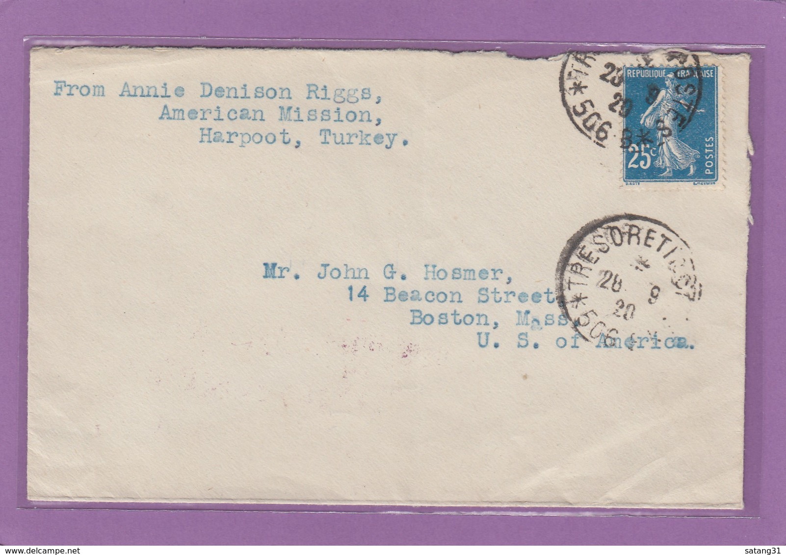 AMERICAN MISSION HARPOT,TURKEY(TROUPES FRANCAISES EN ARMENIE 1918/1921).LETTRE POUR LES U.S.A. - Covers & Documents