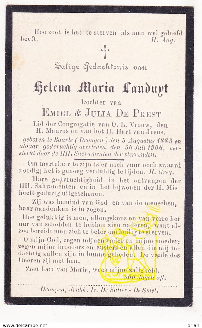 DP Helena M. Landuyt / De Prest 20j. ° Baarle Drongen Gent 1885 † 1906 - Images Religieuses