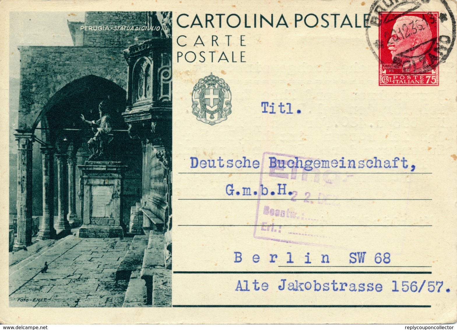 BRUNICO / Italia - 1936 , BPK Perugia - Nach Berlin SW 68 - Ganzsachen