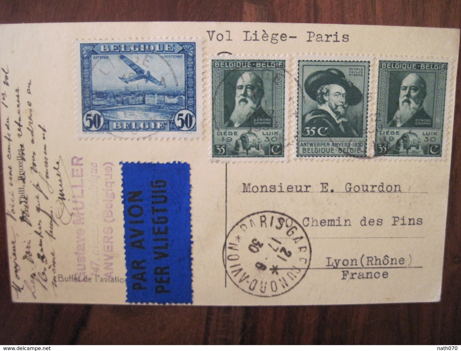 Belgique 1930 Vol Liège Paris 16 Juin Par Avion Cpa équipage Air Mail Via Aerea Belgium Luftpost - 1919-1938: Entre Guerres