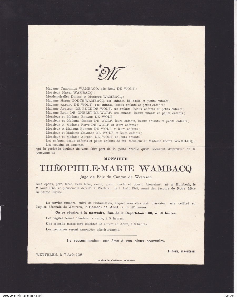 HUMBEEK WETTEREN Théophile WANBACQ 1866-1928 Juge De Paix Du Canton De Wetteren DE WOLF Doodsbrief DE GHEEST - Décès