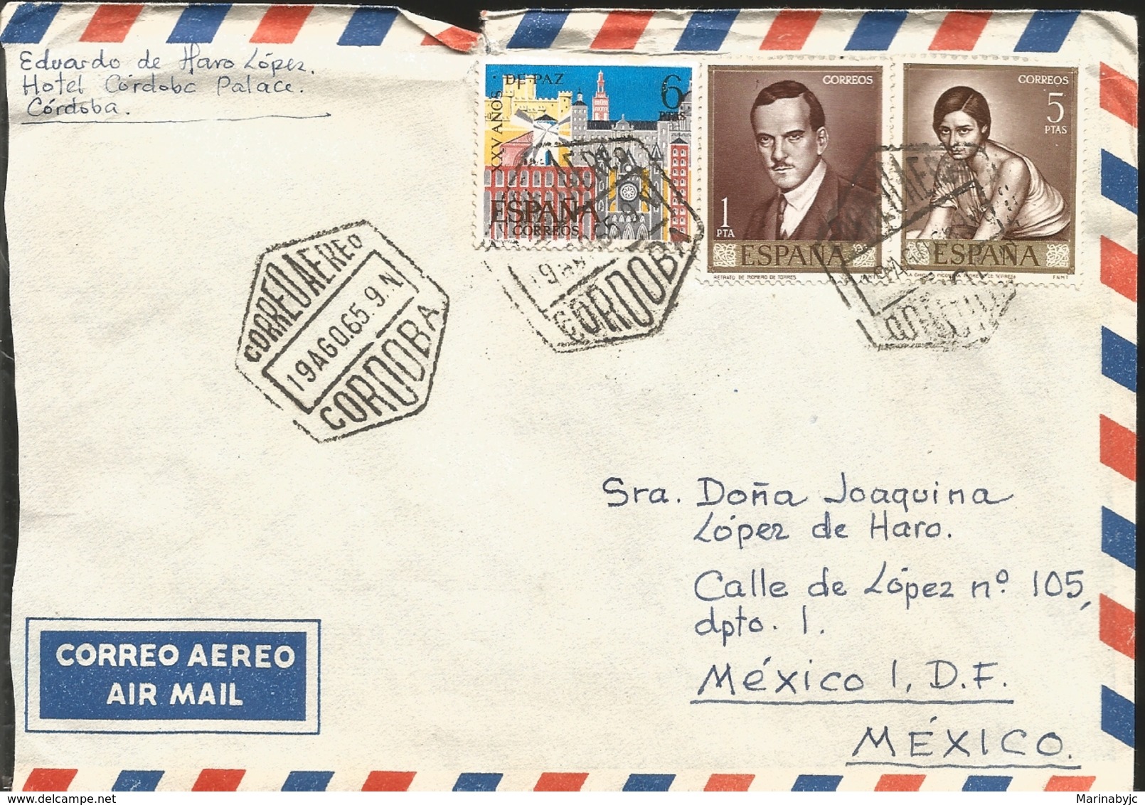 J) 1965 SPAIN, PORTRAIT OF ROMERO DE TORRES, XV YEARS OF PEACE, MULTIPLE STAMPS, AIRMAIL, CIRCULATED COVER, FROM CORDOBA - Lettres & Documents