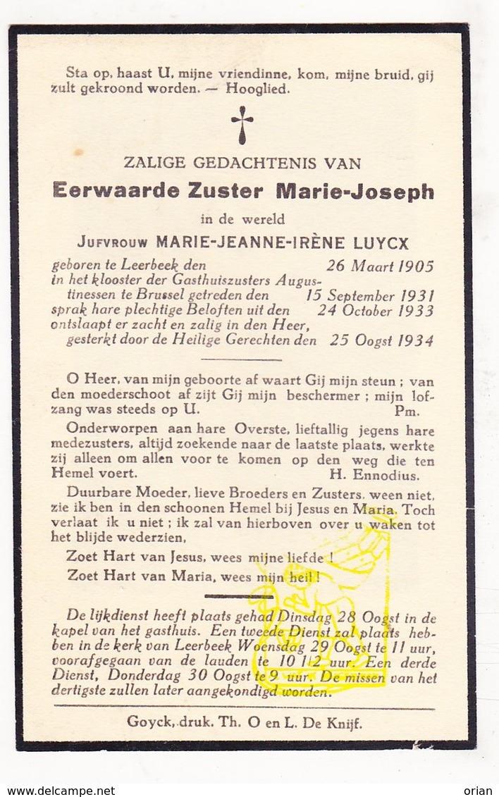 DP EZ Marie Jeanne Luycx - Zr. M. Joseph ° Leerbeek Gooik 1905 † Zwartzustersklooster Brussel - Images Religieuses
