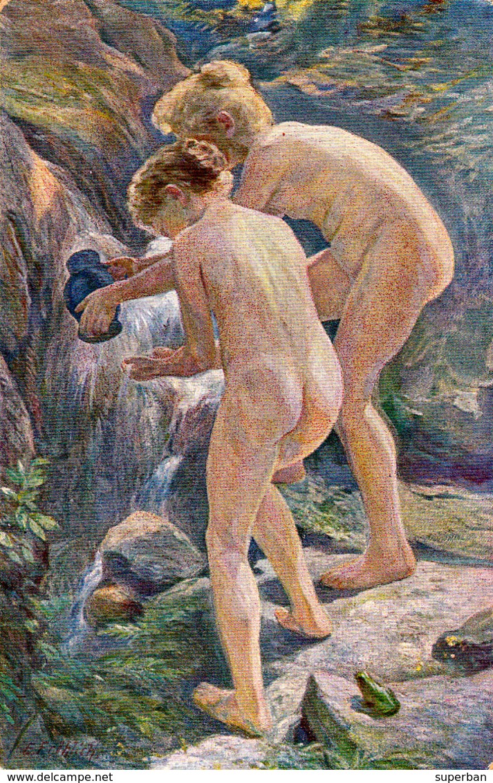 ENFANT NU à LA SOURCE - NAKED CHILD At THE WELL : AN DER QUELLE Par EMIL FRÖHLICH ~ 1910 (ac042) - Scènes & Paysages