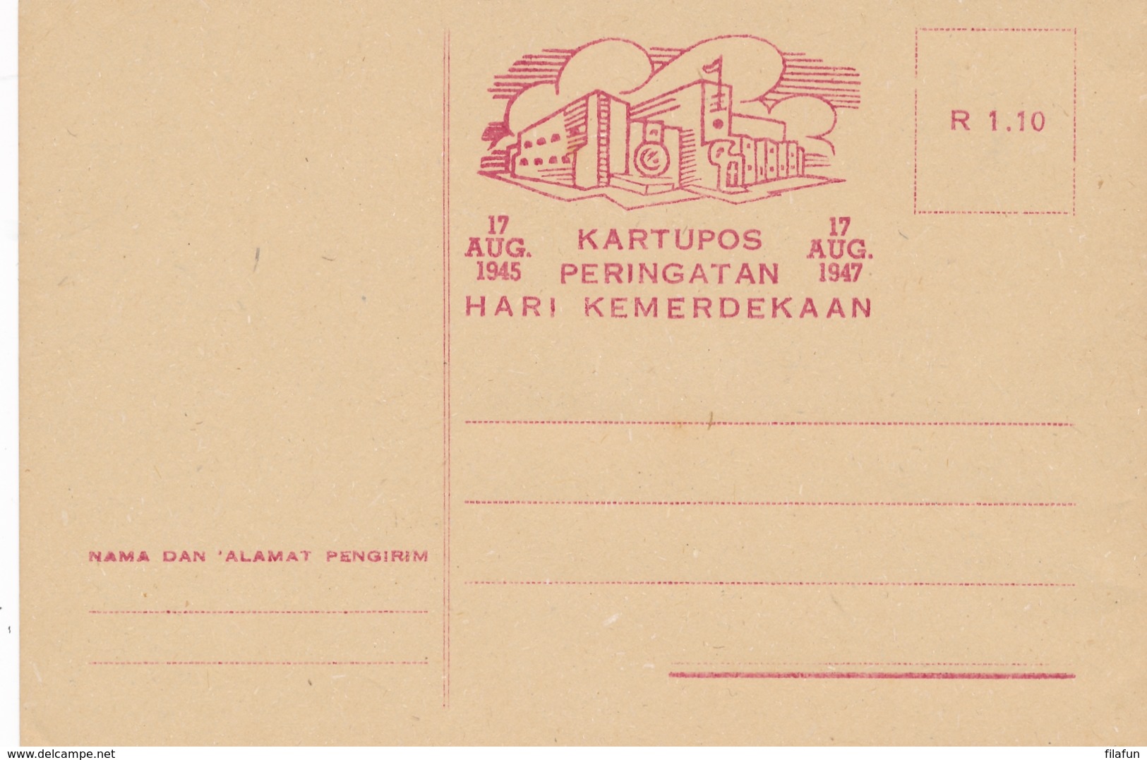 Nederlands Indië / Rep Indonesia - 1947? - 1,10 R Briefkaart Peringatan Hari Kemerdekaan ?? Kaart Mij Niet Bekend - Nederlands-Indië