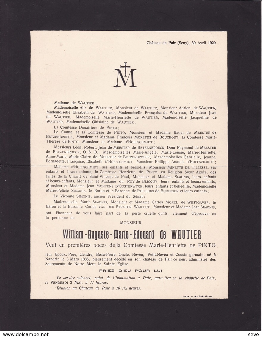 Château De Pair William De WAUTIER Veuf De PINTO Nandrin 1886 - Seny 1929 De MEESTER De BETZENBROECK D'HOFFSCHMIDT - Décès