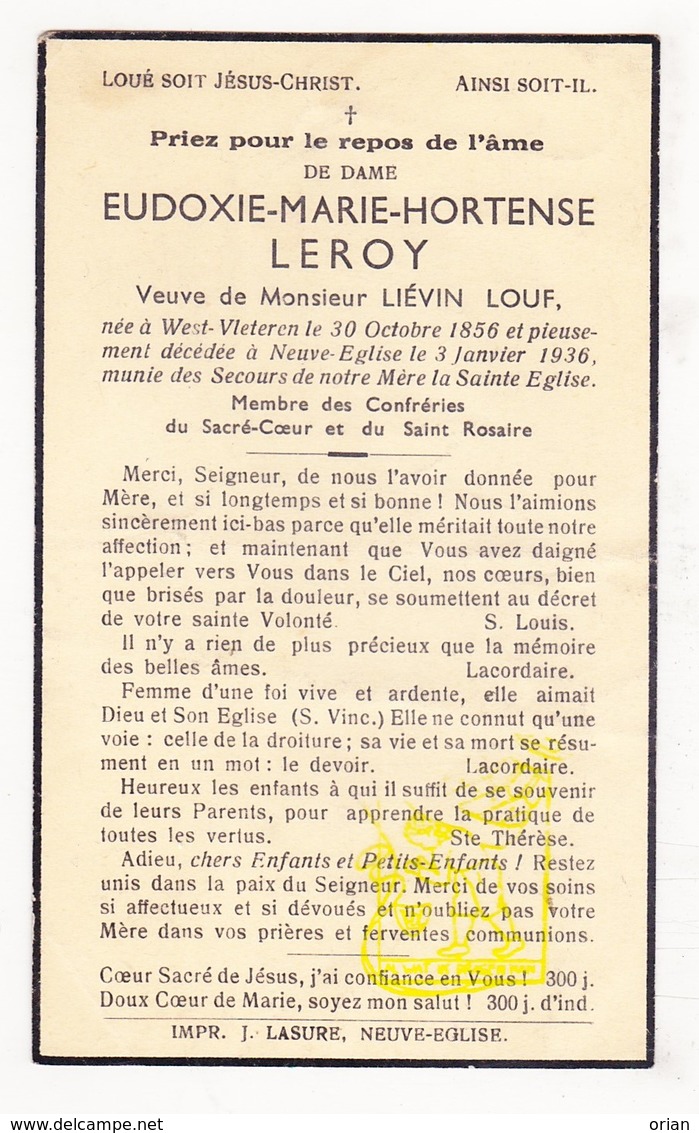 DP Eudoxie M. Leroy ° WestVleteren Vleteren 1856 † Nieuwkerke Heuvelland 1936 X Lievin Louf - Images Religieuses