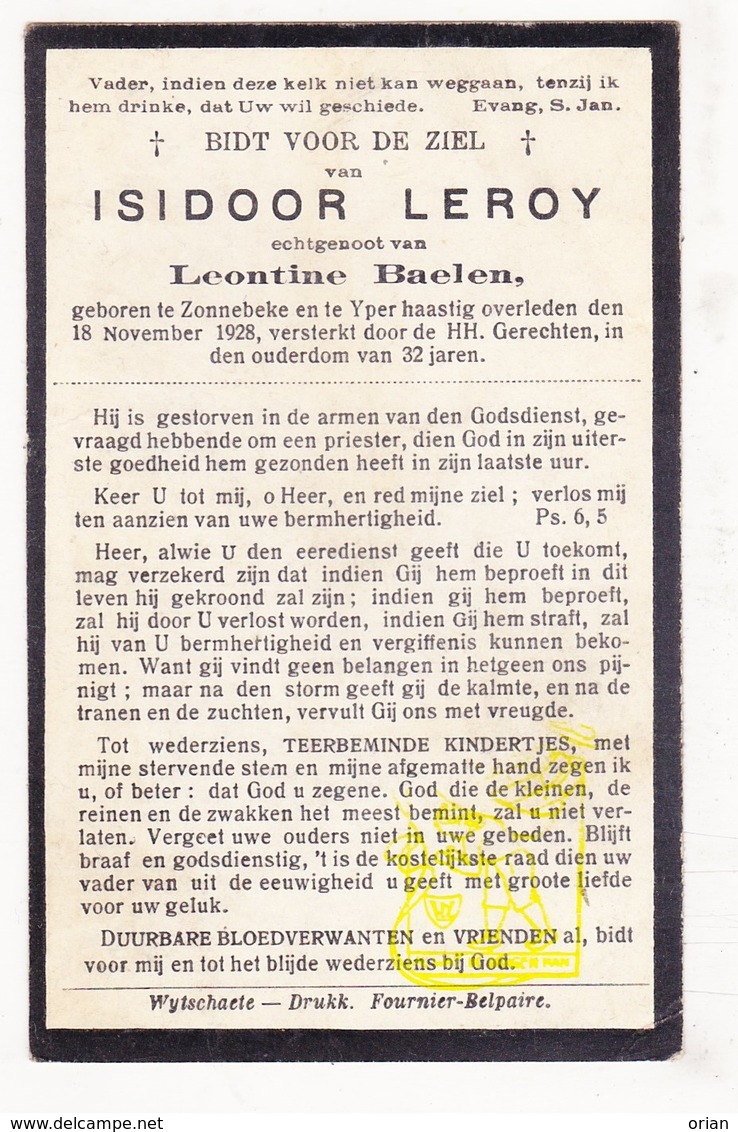 DP Isidoor Leroy 32j. ° Zonnebeke 1896 † Ieper 1928 X Leontine Baelen - Images Religieuses