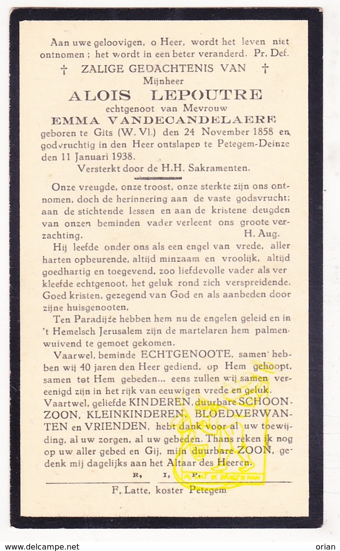 DP Aloïs Lepoutre ° Gits Hooglede 1858 † Petegem Ad Leie Deinze 1938 X Emma VandeCandelaere - Images Religieuses