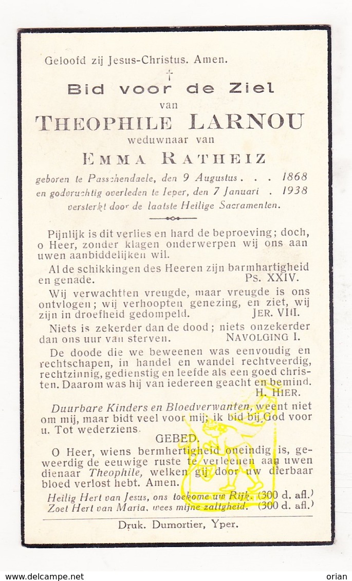 DP Theophile Larnou ° Passendale Zonnebeke 1868 † Ieper 1938 X Emma Ratheiz - Images Religieuses