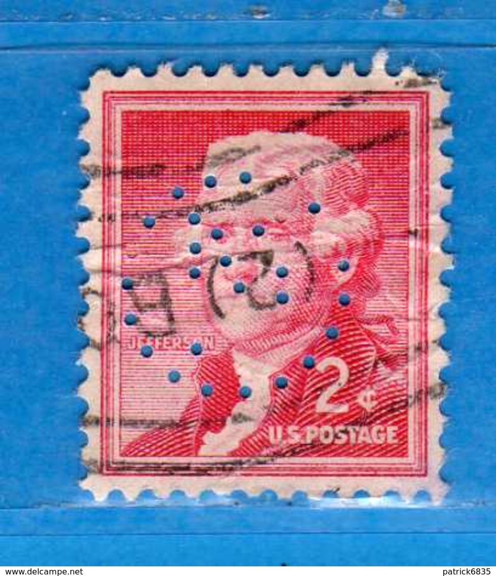 (Us2) USA °- 1954-1961 - T.JEFFERSON. PERFIN.  2. C. Unif. 821. . USED.  Vedi Descrizione - Perfin