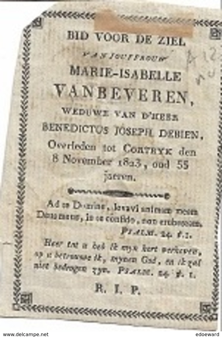 Z11/ °? KORTRIJK?? 1768 + CORTRYK 1823 JOUFFROUW MARIE VAN BEVEREN  Gravure:J.SCHIPPERS - Religion & Esotérisme