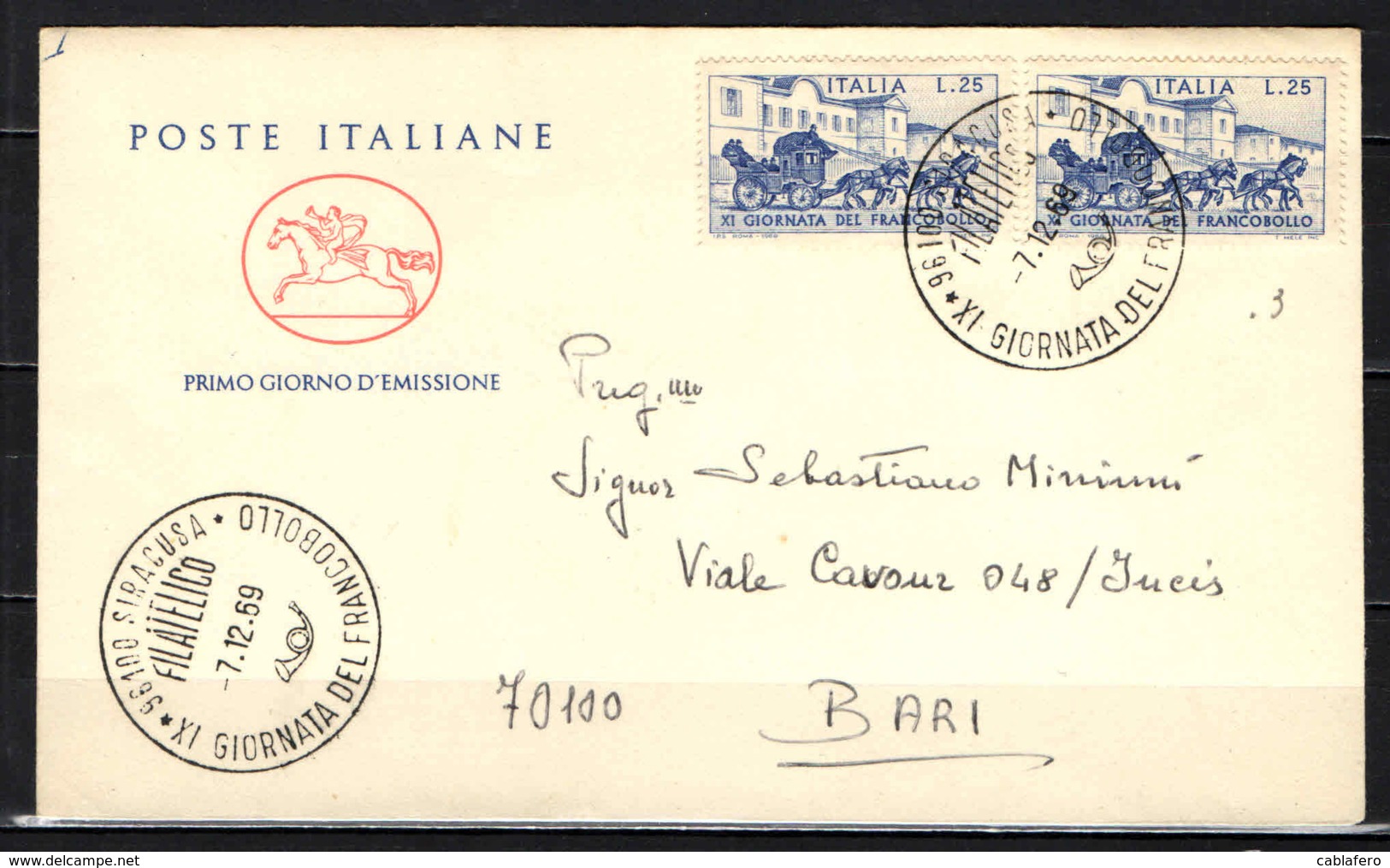 ITALIA - 1969 - GIORNATA DEL FRANCOBOLLO - FDC CAVALLINO SARDO - FDC