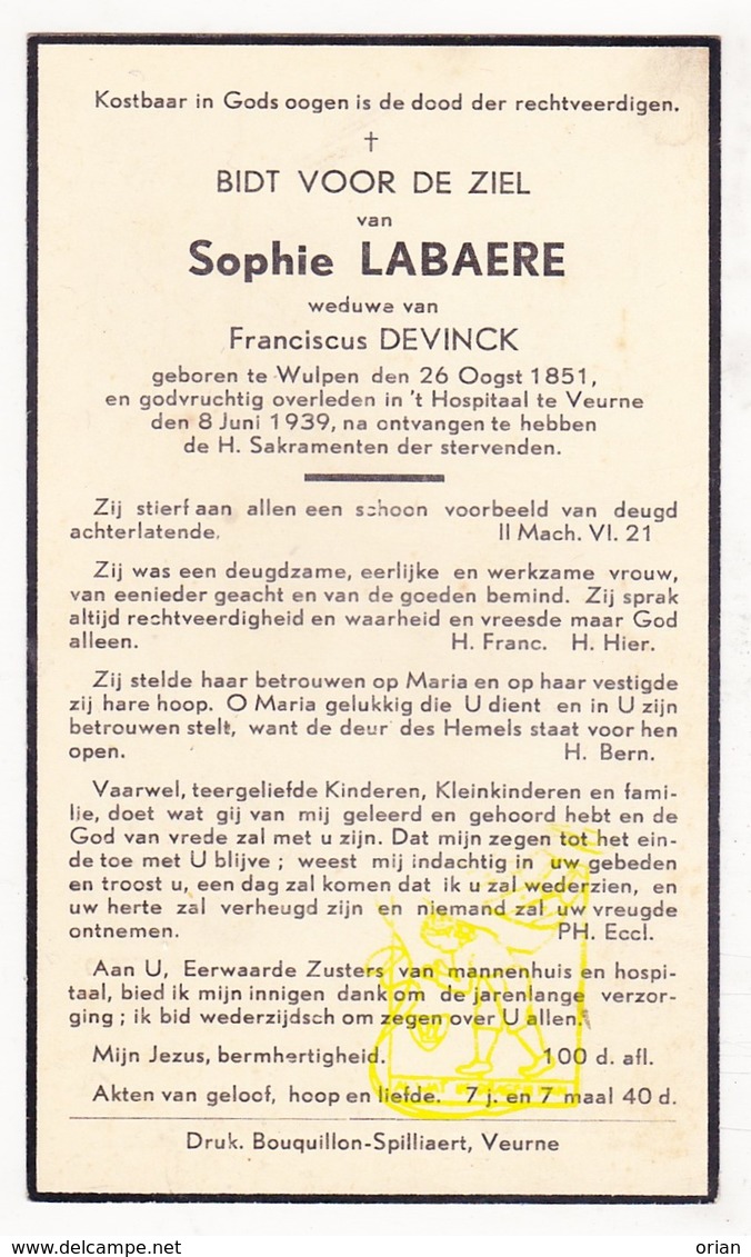 DP Sophie Labaere ° Wulpen Koksijde 1851 † Veurne 1939 X Franciscus DeVinck - Images Religieuses