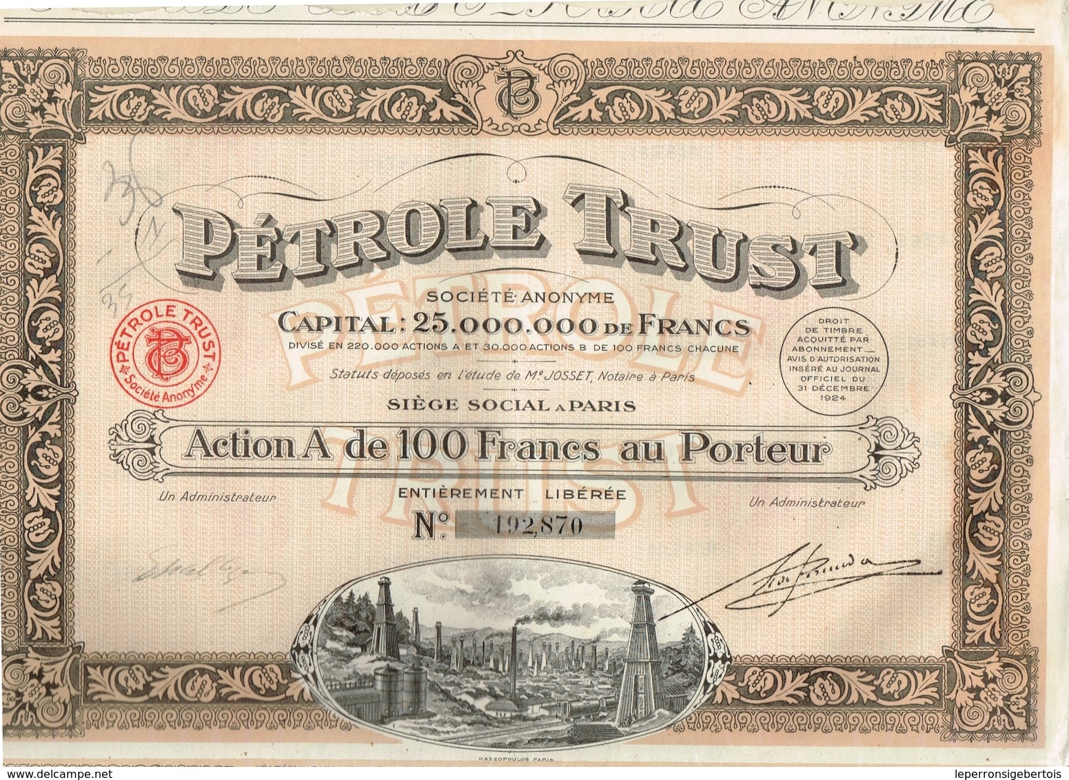 Action Ancienne - Pétrole Trust - Société Anonyme - Titre De 1924 - N°192870 - Pétrole