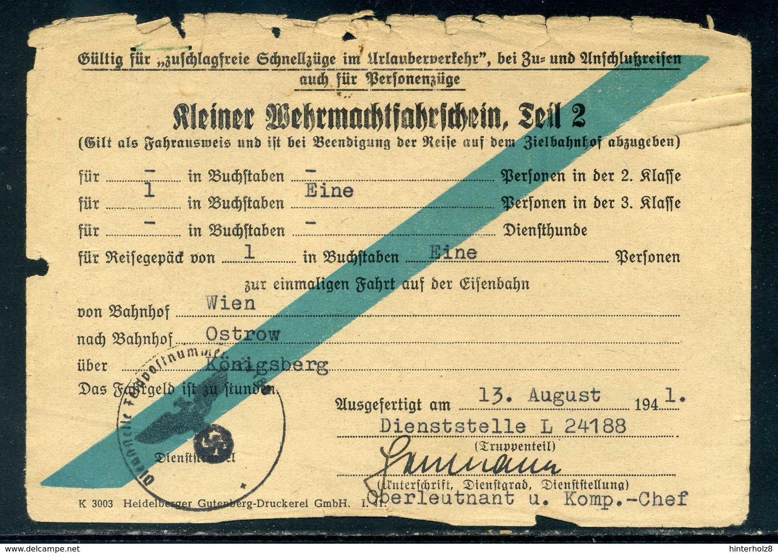 Ostmark; Kleiner Wehrmachtsfahrschein, Teil 2, Von Wien Nach Ostrow; L 24188 - Documents