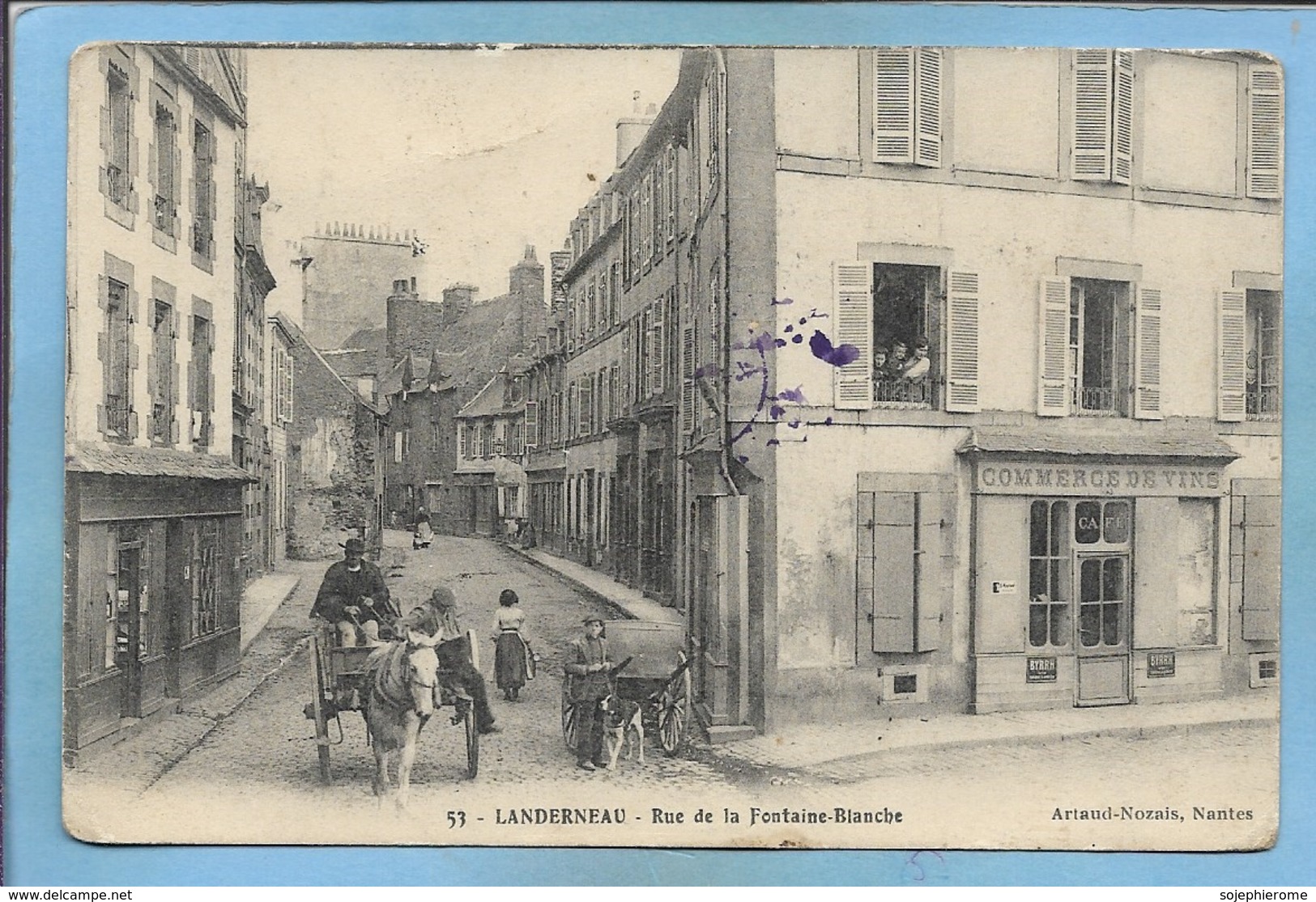 Landerneau (29) Rue De La Fontaine-Blanche 2scans 1915 Commerce De Vins Attelage Chien Cachet Du 128e R. Infanterie - Landerneau