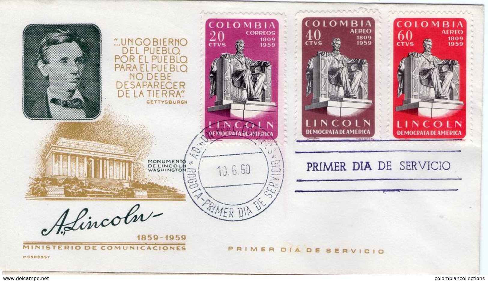 Lote 987-8-9F, Colombia, 1960, SPD-FDC, Abraham Lincoln, Monument Washington - Colombie