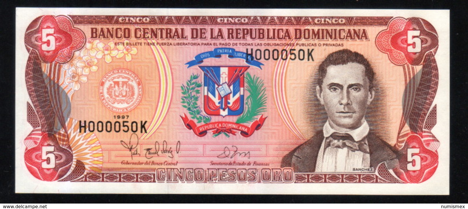 DOMINICAN REPUBLIC RD$ 5 1997 Low Number H000050K PICK-152b UNC - Dominicaine