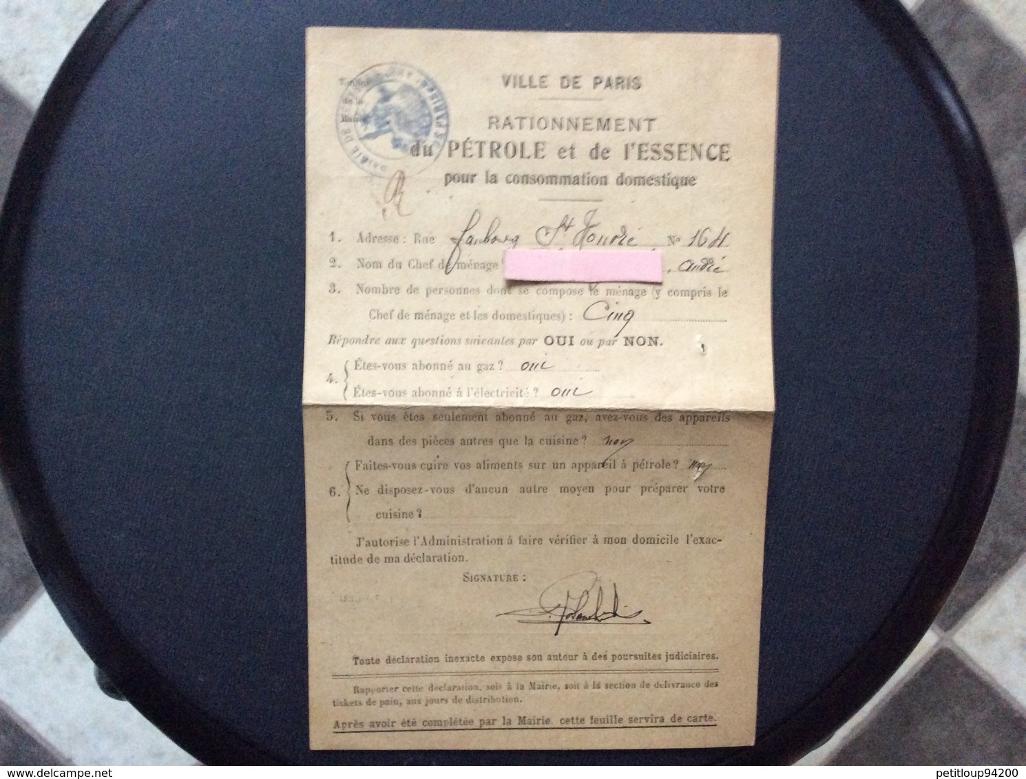 CARTE DE RATIONNEMENT Du PÉTROLE Et De L’ESSENCE Pour La Consommation Domestique  VILLE DE PARIS - Bonds & Basic Needs