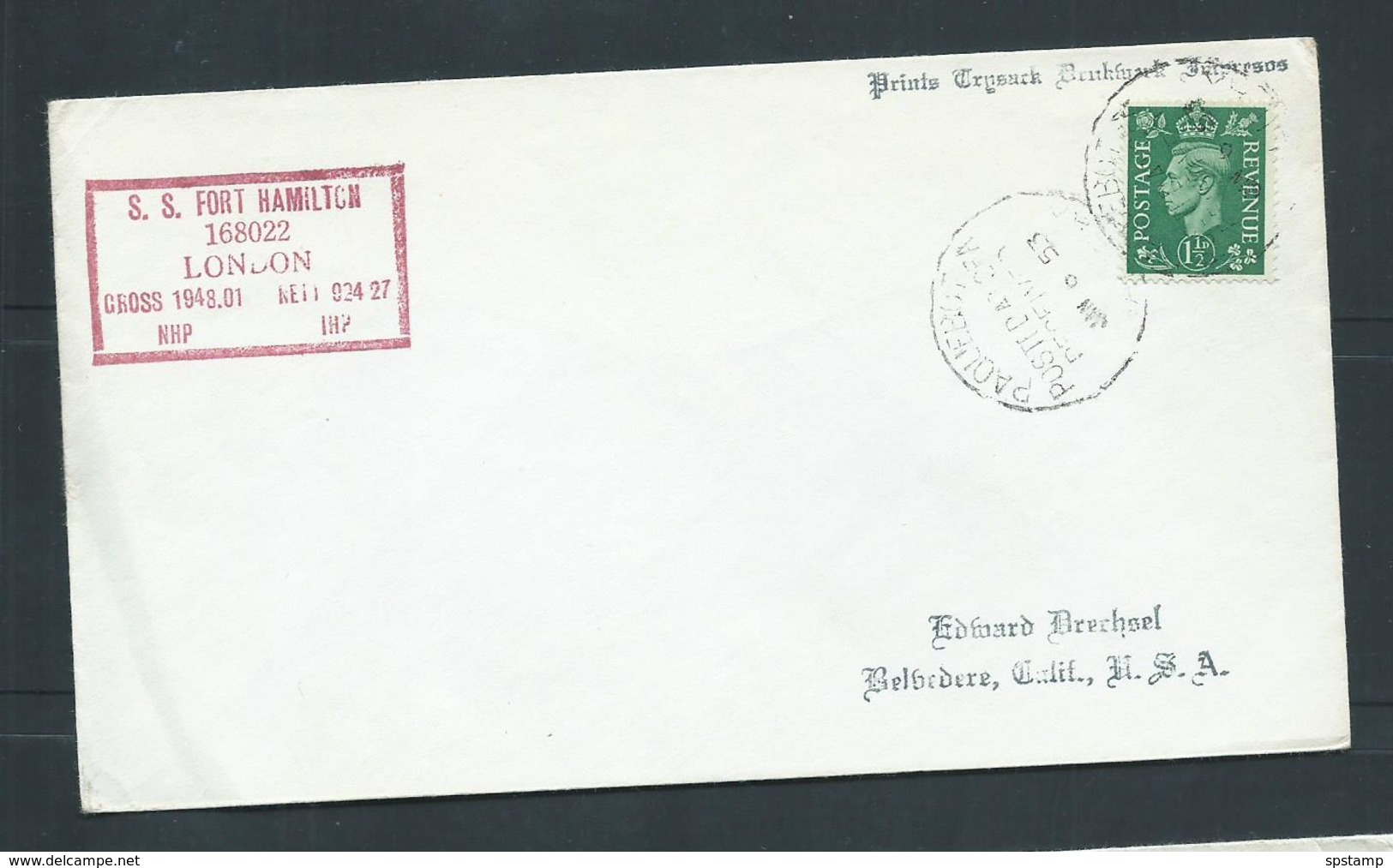 Great Britain 1953 Paquebot Cover To USA , Ship Fort Hamilton ,  KGVI Adhesive - Covers & Documents