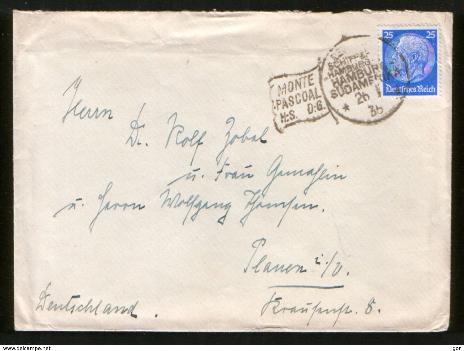 1935 Deutsche Seepost Hamburg Sudamerika MONTE PASCOAL H.S.D.G. Ship Schiffspost Cover - Briefe U. Dokumente