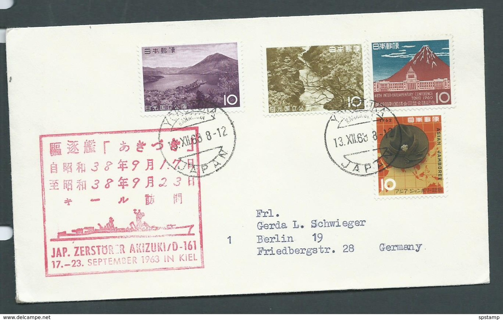Japan 1963 Paquebot Cover To Germany Ship Zerstor Akizuki - Covers & Documents