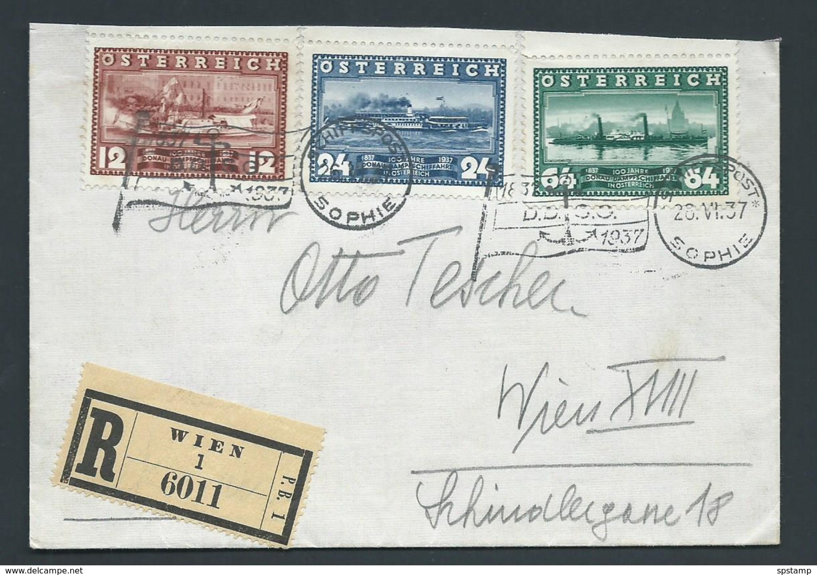 Austria 1937 Anna Maria Steamship Set Of 3 On Registered Wien Cover , Sophie Schiffpost Cancel - Covers & Documents