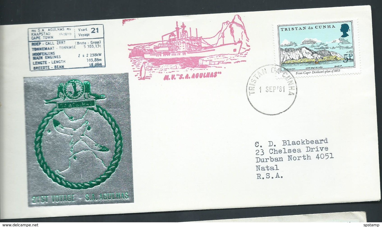 Tristan Da Cunha 1981 Ship Cover To South Africa , Ship Agulhas - Tristan Da Cunha